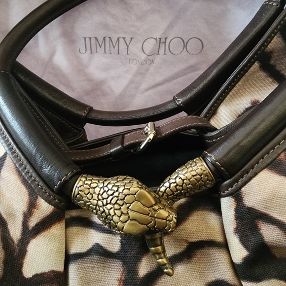 Jimmy Choo Black and Cream Patterned Canvas Leather Hobo Bag Brass Snake - Picture 3 of 7
